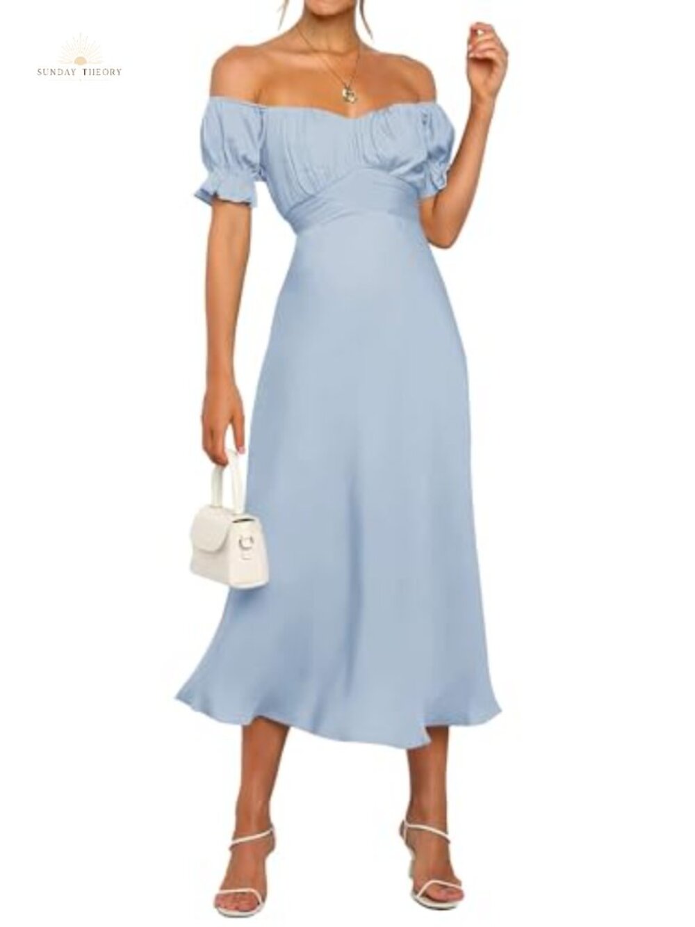 Satin Off Shoulder Midi Dress Bubble Sleeve Wedding Guest Cocktail